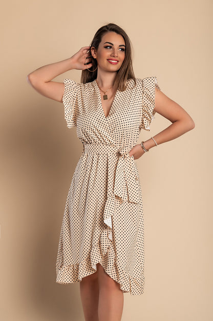 Abito midi a pois con dettagli arricciati, beige