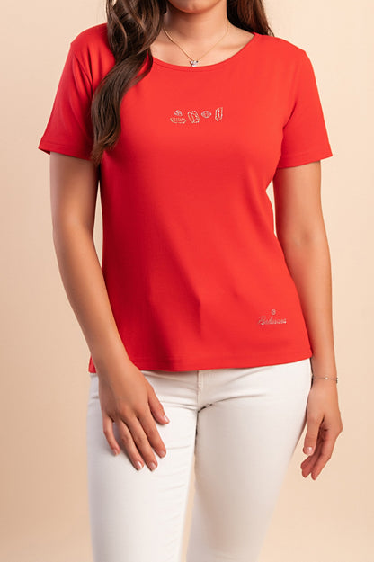 T-shirt in cotone con scollo rotondo, rossa
