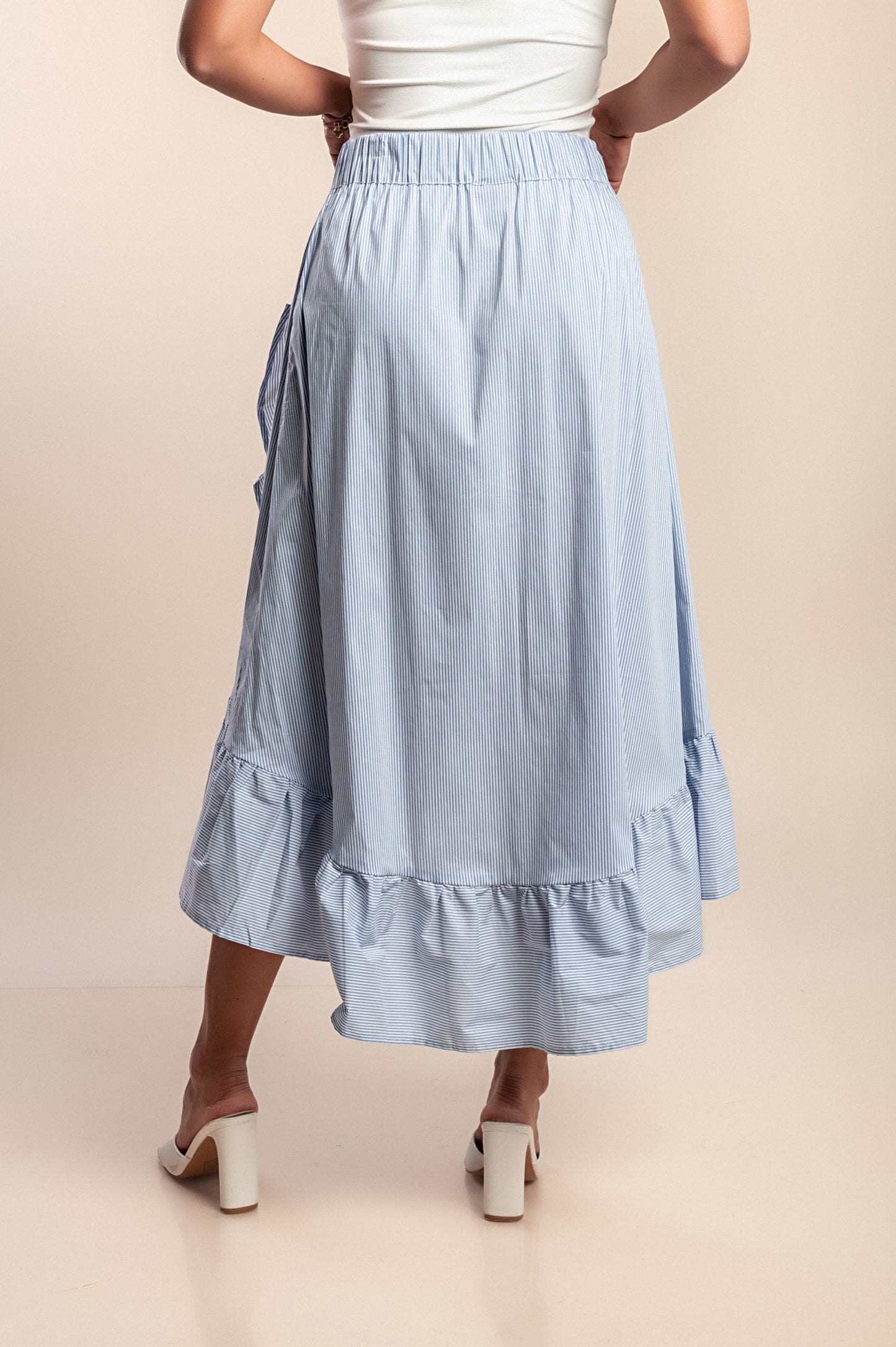 Gonna in cotone con volant, azzurra