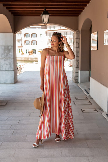 Elegante maxi abito con stampa a righe, multicolor
