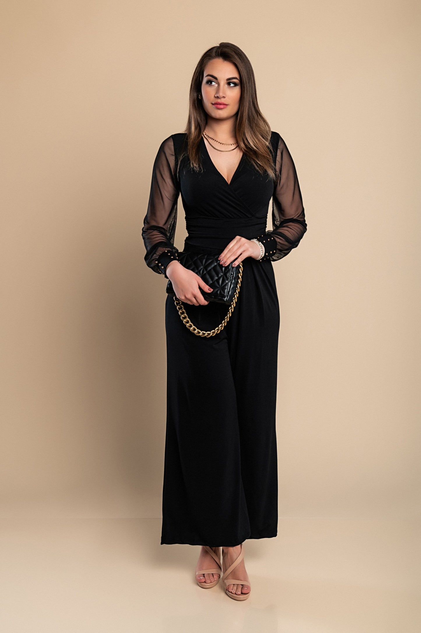 JUMPSUIT ELEGANTE CON SCOLLO A "V" E MANICHE TRASPARENTI CON RIVETTI GEORGINA, NERO