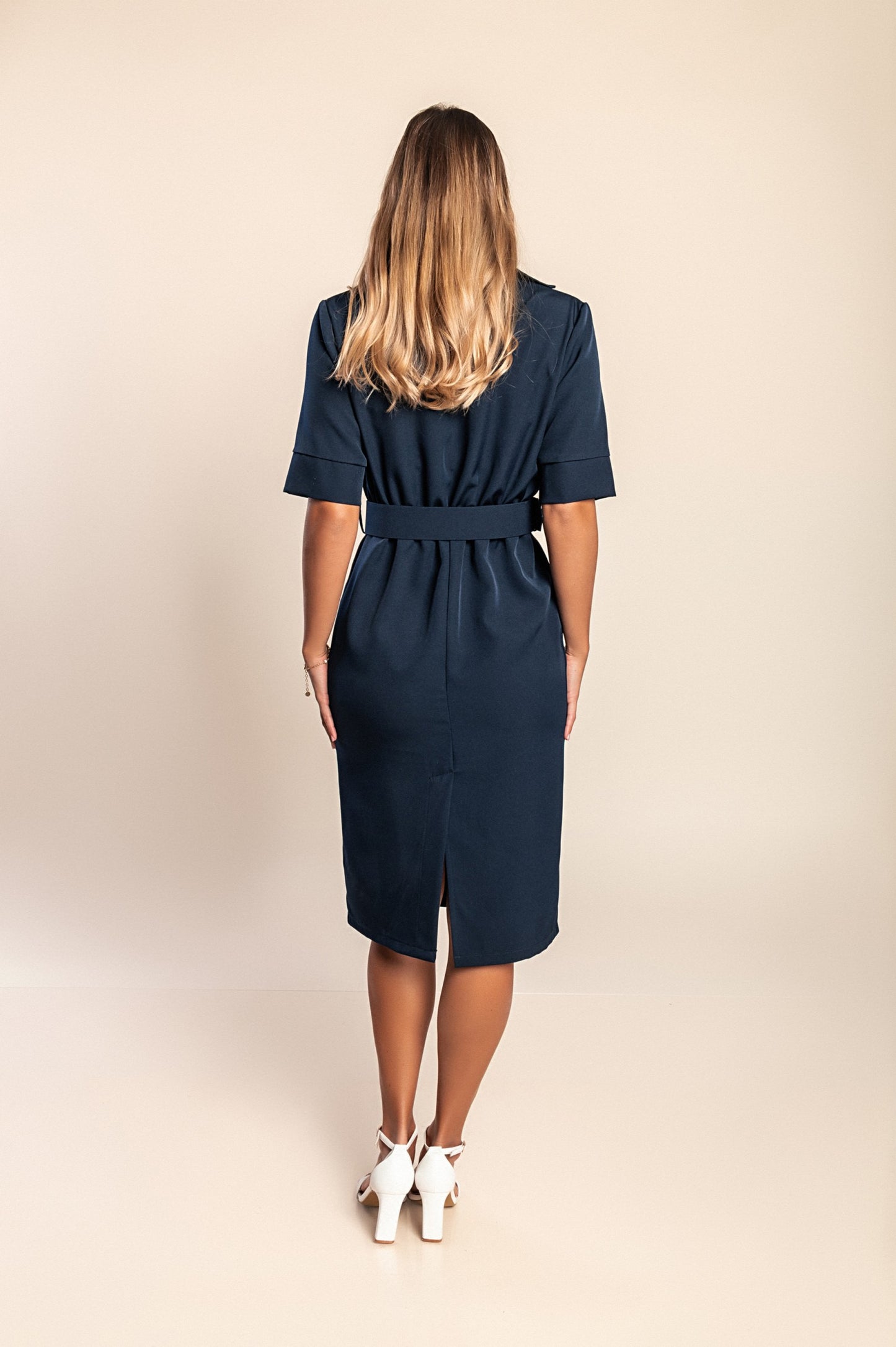 Abito midi con cintura, blu scuro