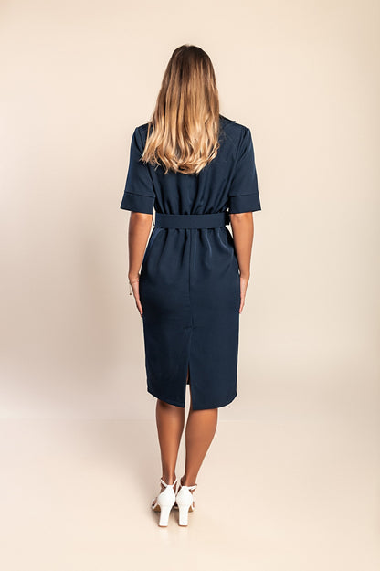 Abito midi con cintura, blu scuro